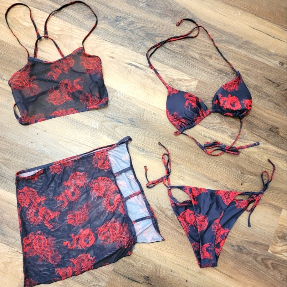 Shein bikini 4 piece set size large red and black NWOT 4-piece cover up set